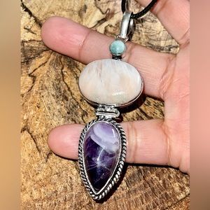 Larimar, Scolecite & Amethyst Pendant 3”